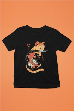 Geyşa Kedi Baskılı Unisex Siyah  Çocuk Tişört