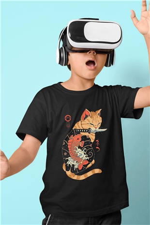 Geyşa Kedi Baskılı Unisex Siyah  Çocuk Tişört