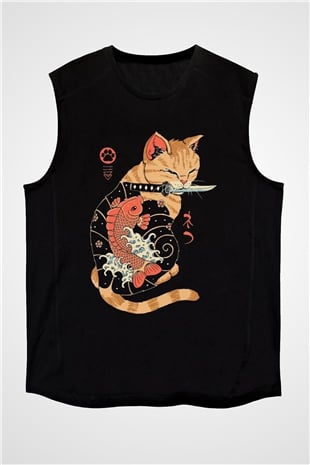 Geyşa Kedi Baskılı Unisex Siyah  Kolsuz Tişört