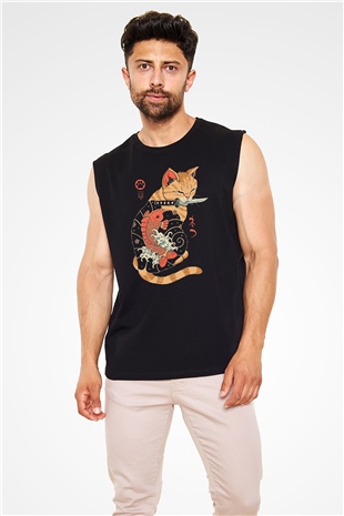 Geyşa Kedi Baskılı Unisex Siyah  Kolsuz Tişört