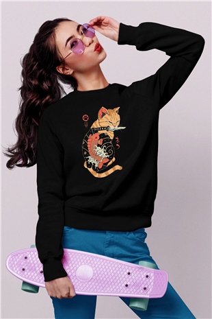 Geyşa Kedi Baskılı Unisex Siyah  Sweatshirt