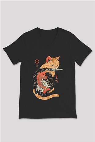Geyşa Kedi Baskılı Unisex Siyah  V Yaka Tişört