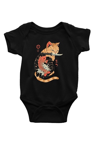 Geyşa Kedi BaskılıSiyah  Bebek Body - Zıbın