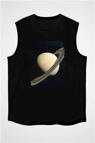 Gezegen Satürn Baskılı Unisex Kolsuz Siyah Tişört - Tshirt