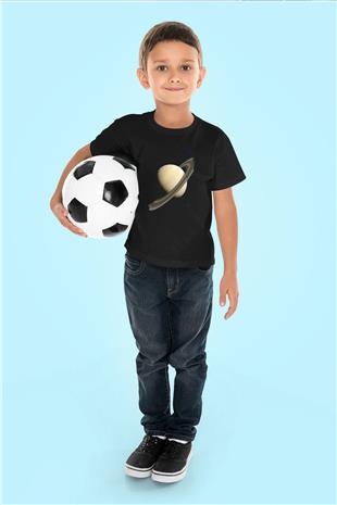 Gezegen Satürn Baskılı Unisex Siyah Çocuk Tişörtü - Tshirt