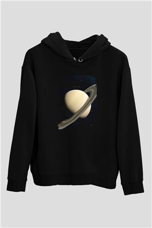 Gezegen Satürn Baskılı Unisex Siyah Hoodie