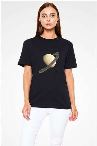 Gezegen Satürn Baskılı Unisex Siyah Tişört - Tshirt