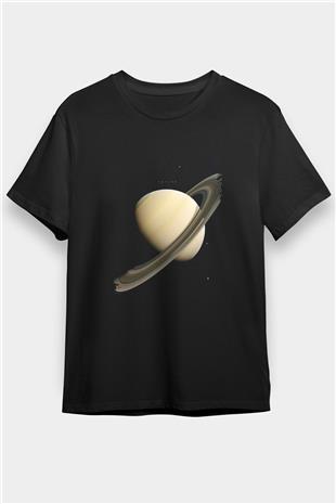 Gezegen Satürn Baskılı Unisex Siyah Tişört - Tshirt