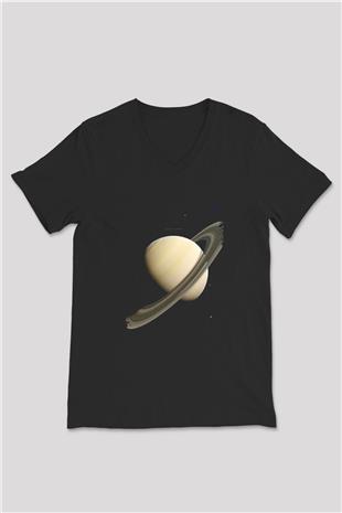 Gezegen Satürn Baskılı Unisex V Yaka Siyah Tİşört - Tshirt