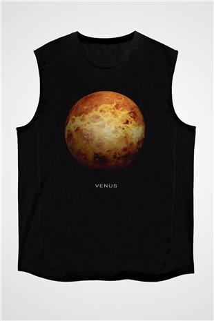 Gezegen Venüs Baskılı Unisex Kolsuz Siyah Tişört - Tshirt