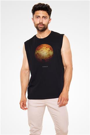 Gezegen Venüs Baskılı Unisex Kolsuz Siyah Tişört - Tshirt