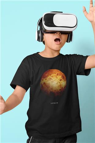 Gezegen Venüs Baskılı Unisex Siyah Çocuk Tişörtü - Tshirt