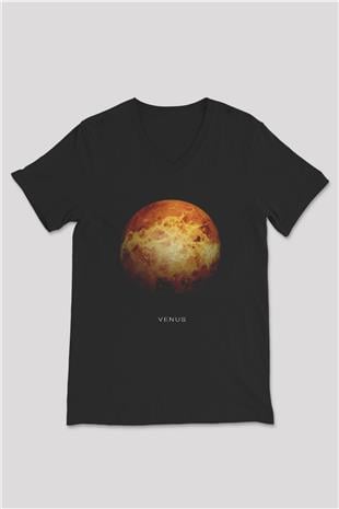 Gezegen Venüs Baskılı Unisex V Yaka Siyah Tİşört - Tshirt