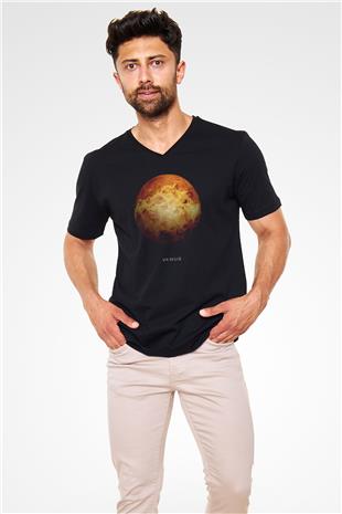 Gezegen Venüs Baskılı Unisex V Yaka Siyah Tİşört - Tshirt