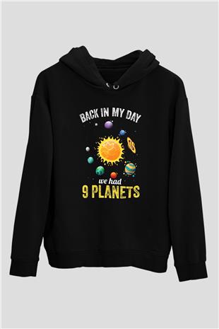 Gezegenler Baskılı Unisex Siyah Hoodie