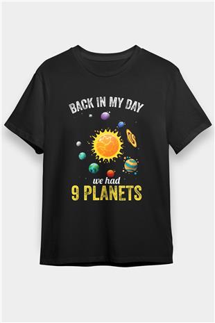 Gezegenler Baskılı Unisex Siyah Tişört - Tshirt