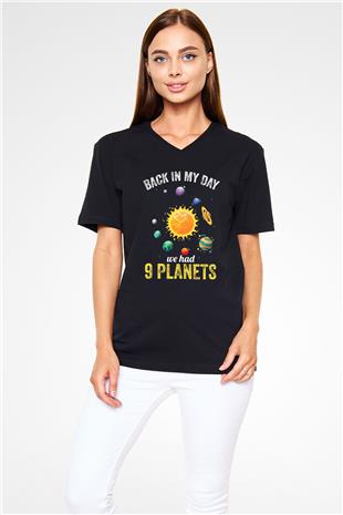 Gezegenler Baskılı Unisex V Yaka Siyah Tİşört - Tshirt