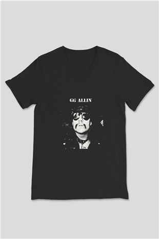 GG Allin Baskılı Unisex Siyah V Yaka Tişört