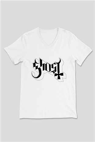 Ghost Beyaz Unisex V Yaka Tişört T-Shirt