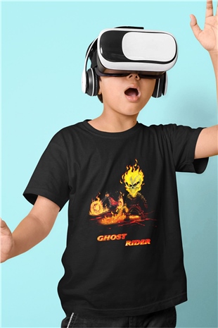 Ghost Rider Hayalet Sürücü Baskılı Siyah Unisex Çocuk Tişört