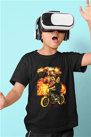Ghost Rider Hayalet Sürücü Baskılı Siyah Unisex Çocuk Tişört
