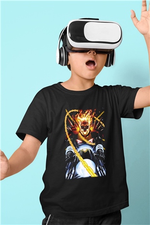 Ghost Rider Hayalet Sürücü Baskılı Siyah Unisex Çocuk Tişört