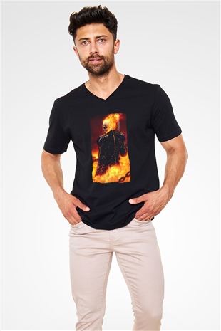 Ghost Rider Hayalet Sürücü Siyah Unisex  V Yaka Tişört