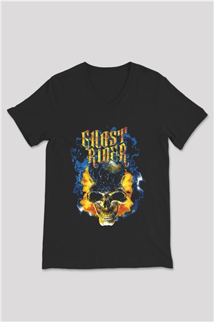 Ghost Rider Hayalet Sürücü Siyah Unisex  V Yaka Tişört