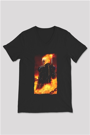 Ghost Rider Hayalet Sürücü Siyah Unisex  V Yaka Tişört