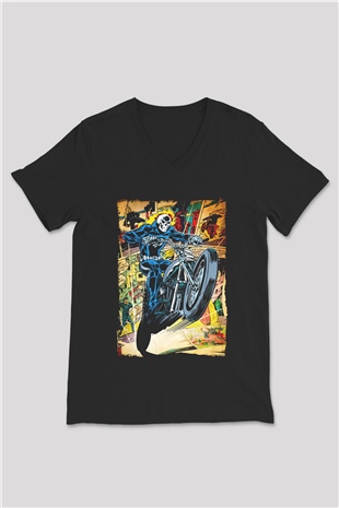 Ghost Rider Hayalet Sürücü Siyah Unisex  V Yaka Tişört