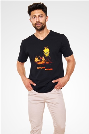 Ghost Rider Hayalet Sürücü Siyah Unisex V Yaka Tişört