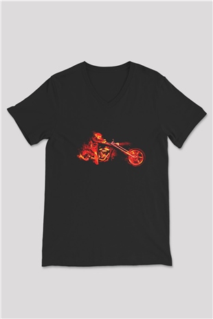 Ghost Rider Hayalet Sürücü Siyah Unisex  V Yaka Tişört