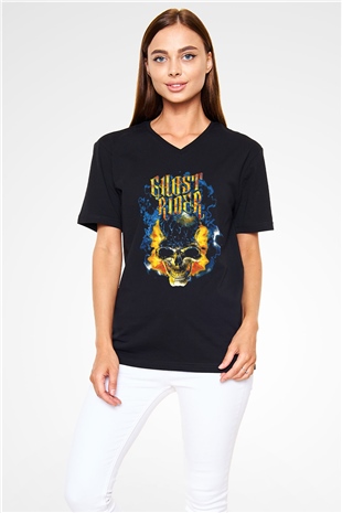 Ghost Rider Hayalet Sürücü Siyah Unisex  V Yaka Tişört