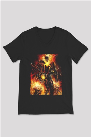 Ghost Rider Hayalet Sürücü Siyah Unisex  V Yaka Tişört