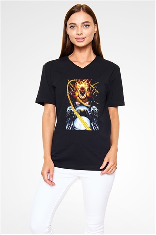 Ghost Rider Hayalet Sürücü Siyah Unisex V Yaka Tişört
