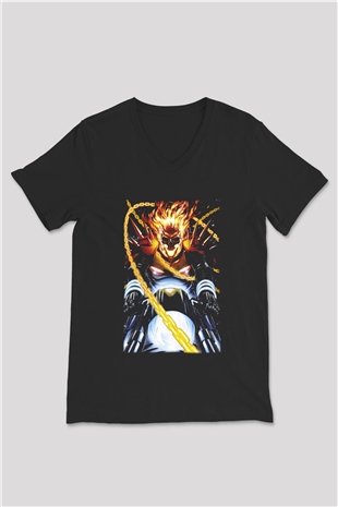 Ghost Rider Hayalet Sürücü Siyah Unisex V Yaka Tişört
