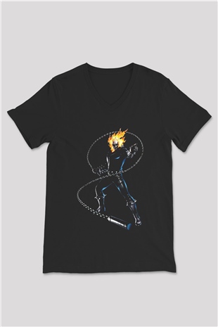 Ghost Rider Hayalet Sürücü Siyah Unisex  V Yaka Tişört