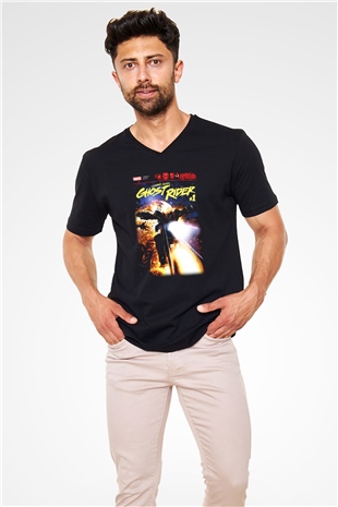 Ghost Rider Hayalet Sürücü Siyah Unisex V Yaka Tişört