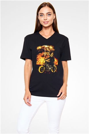 Ghost Rider Hayalet Sürücü Siyah Unisex V Yaka Tişört