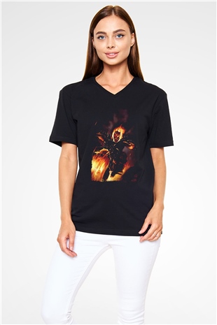 Ghost Rider Hayalet Sürücü Siyah Unisex  V Yaka Tişört