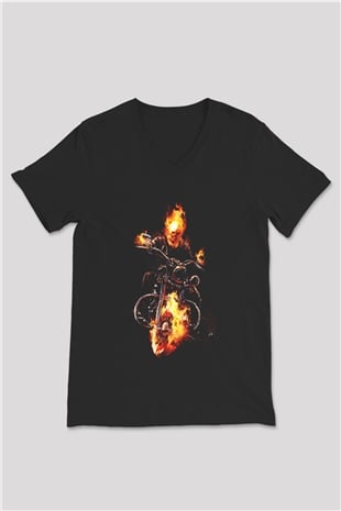Ghost Rider Hayalet Sürücü Siyah Unisex V Yaka Tişört