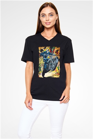 Ghost Rider Hayalet Sürücü Siyah Unisex  V Yaka Tişört