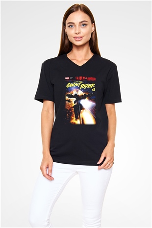 Ghost Rider Hayalet Sürücü Siyah Unisex V Yaka Tişört