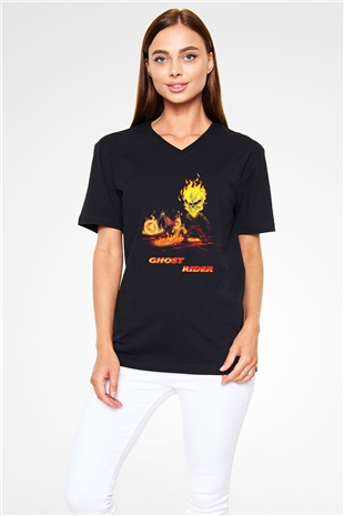 Ghost Rider Hayalet Sürücü Siyah Unisex V Yaka Tişört