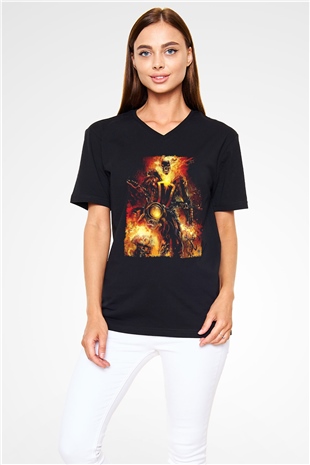 Ghost Rider Hayalet Sürücü Siyah Unisex  V Yaka Tişört