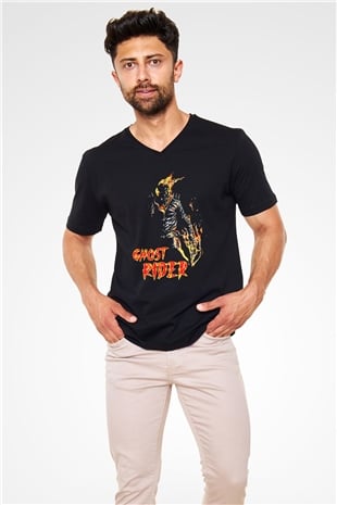 Ghost Rider Hayalet Sürücü Siyah Unisex  V Yaka Tişört