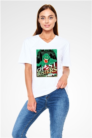Ghostbusters Hayalet Avcıları Beyaz Unisex V Yaka Tişört T-Shirt