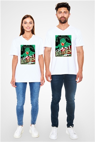 Ghostbusters Hayalet Avcıları Beyaz Unisex V Yaka Tişört T-Shirt