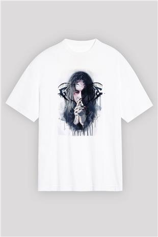 Ghostemane Baskılı Beyaz Unisex Oversize Tişört - Tshirt