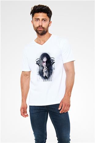 Ghostemane Baskılı Beyaz Unisex V Yaka Tişört - Tshirt